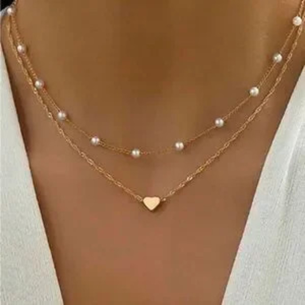 Gold and White Layered Pearl Necklace Set